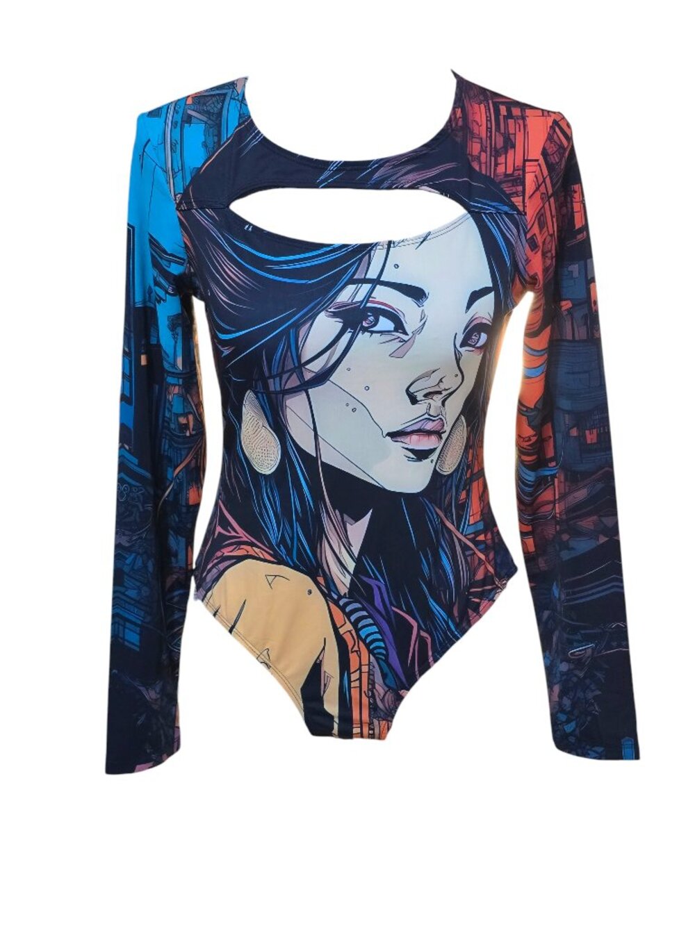 Women's Graphic Long Sleeve Multi Color Bodysuit Large NWOT